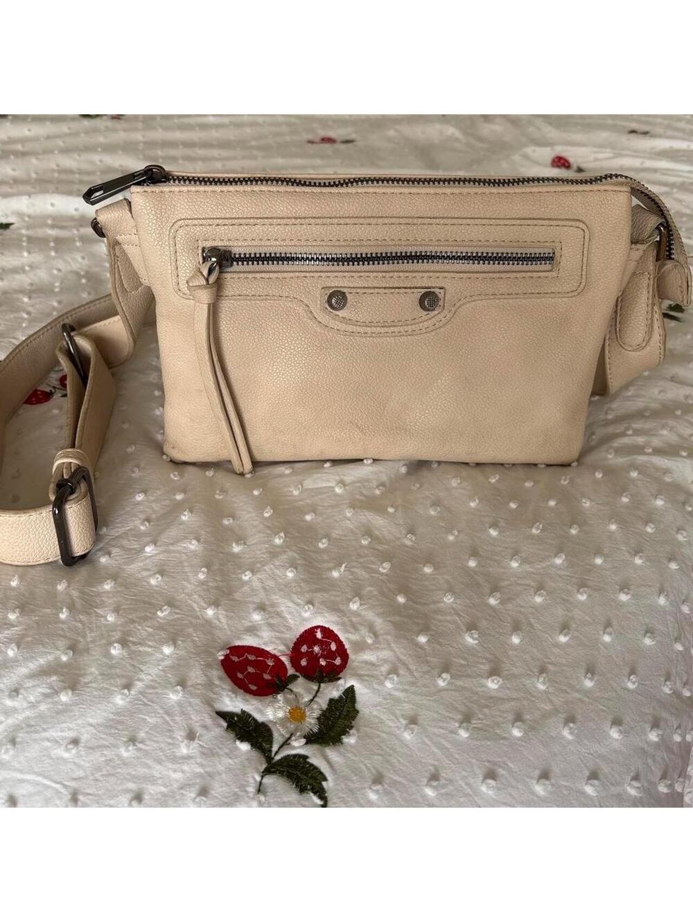 Cream Moto-Style Crossbody Bag